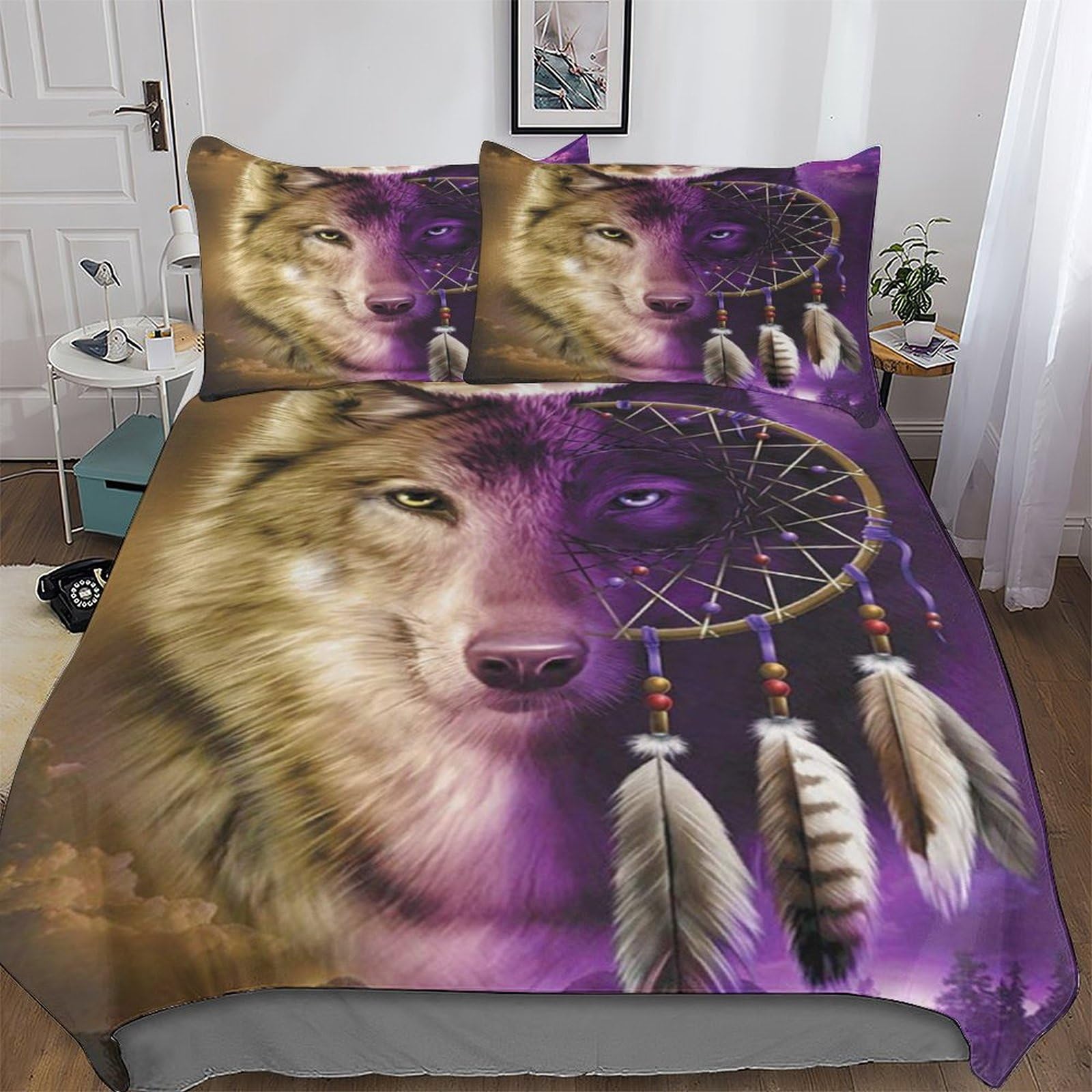 Housse de couette loup 220x240 cm parure de lit microfibre avec taies