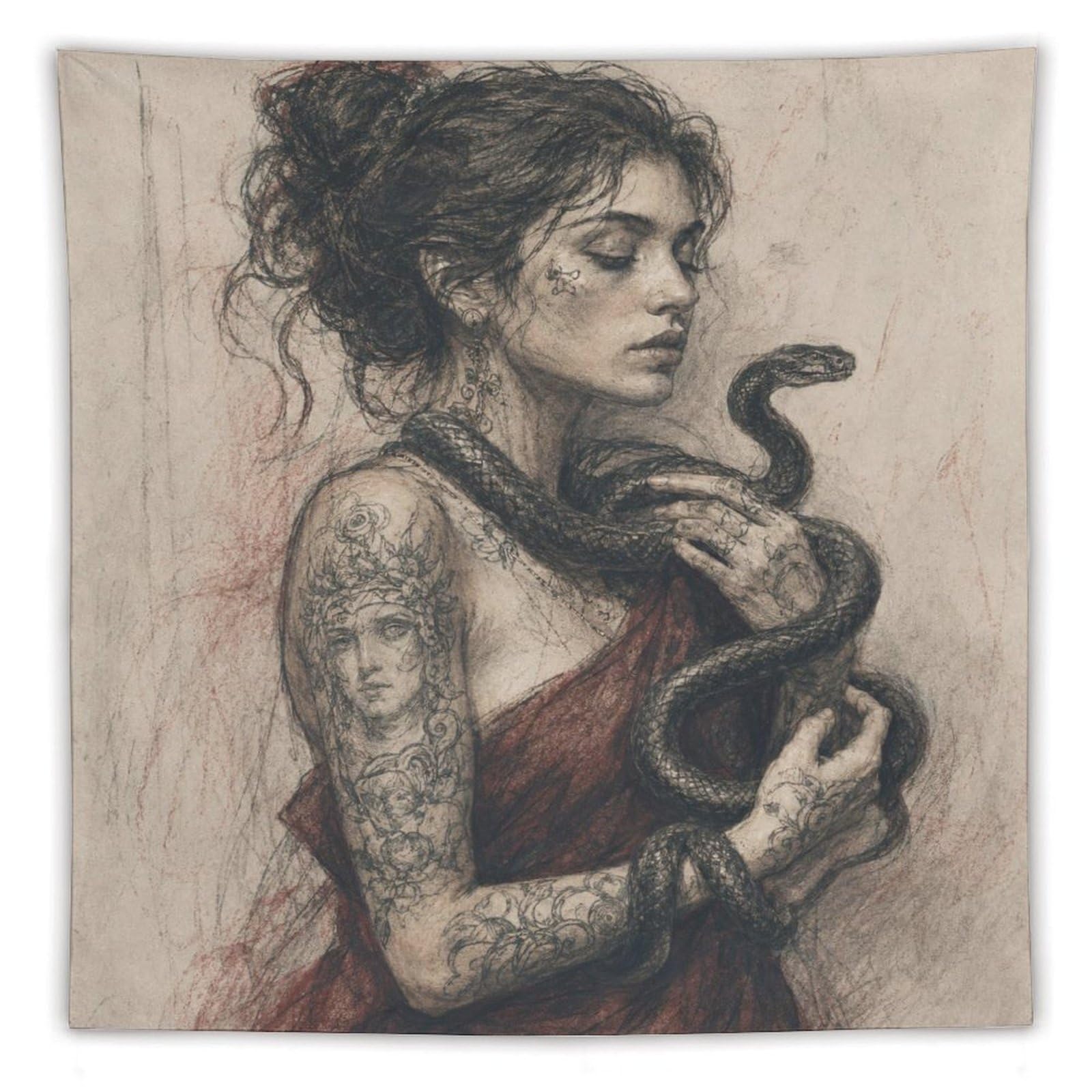 H3B8U2Y5 Snake Woman Portrait Wall Tapestry, Realistic Illustration