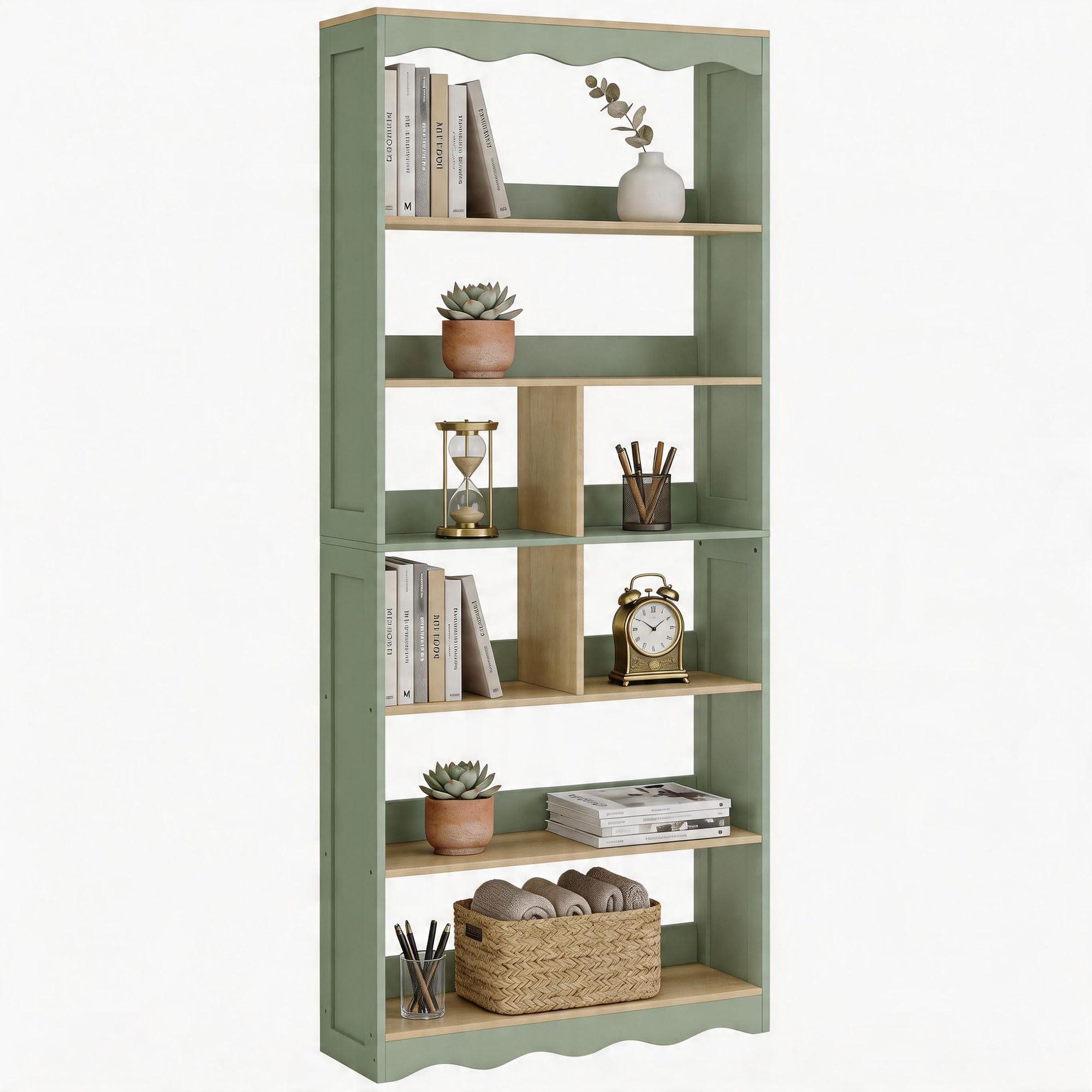 HOMCOM Bibliothèque, étagère de Rangement à 6 Niveaux avec 6 Compartiments Ouverts, Meuble de Rangement pour Salon, Bureau, Chambre, 76 x 23,8 x 180 cm, Bois Naturel et Vert