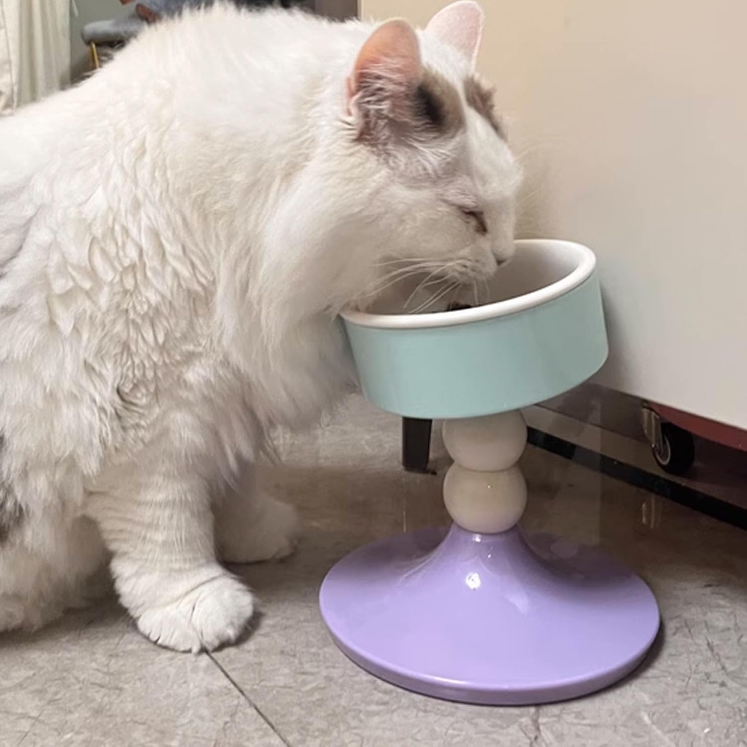 Elevated Cat Bowls, Slanted Ceramic Cat Bowl for Indoor Cats | Adjustable Height kitten Food Bowl Non-Slip Neck Protection Adjusts to 4.69", 5.98", 7.28" (Lavender Mint, S)