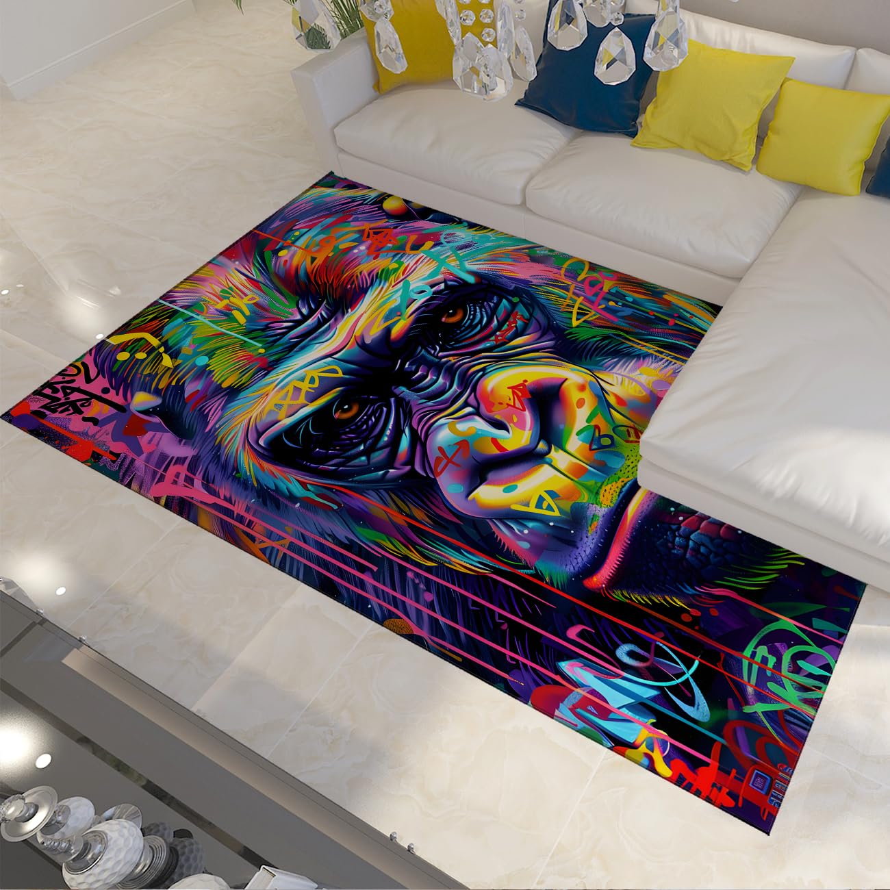 Tapis de salon Banksy gorille coloré street art pour chambre moderne
