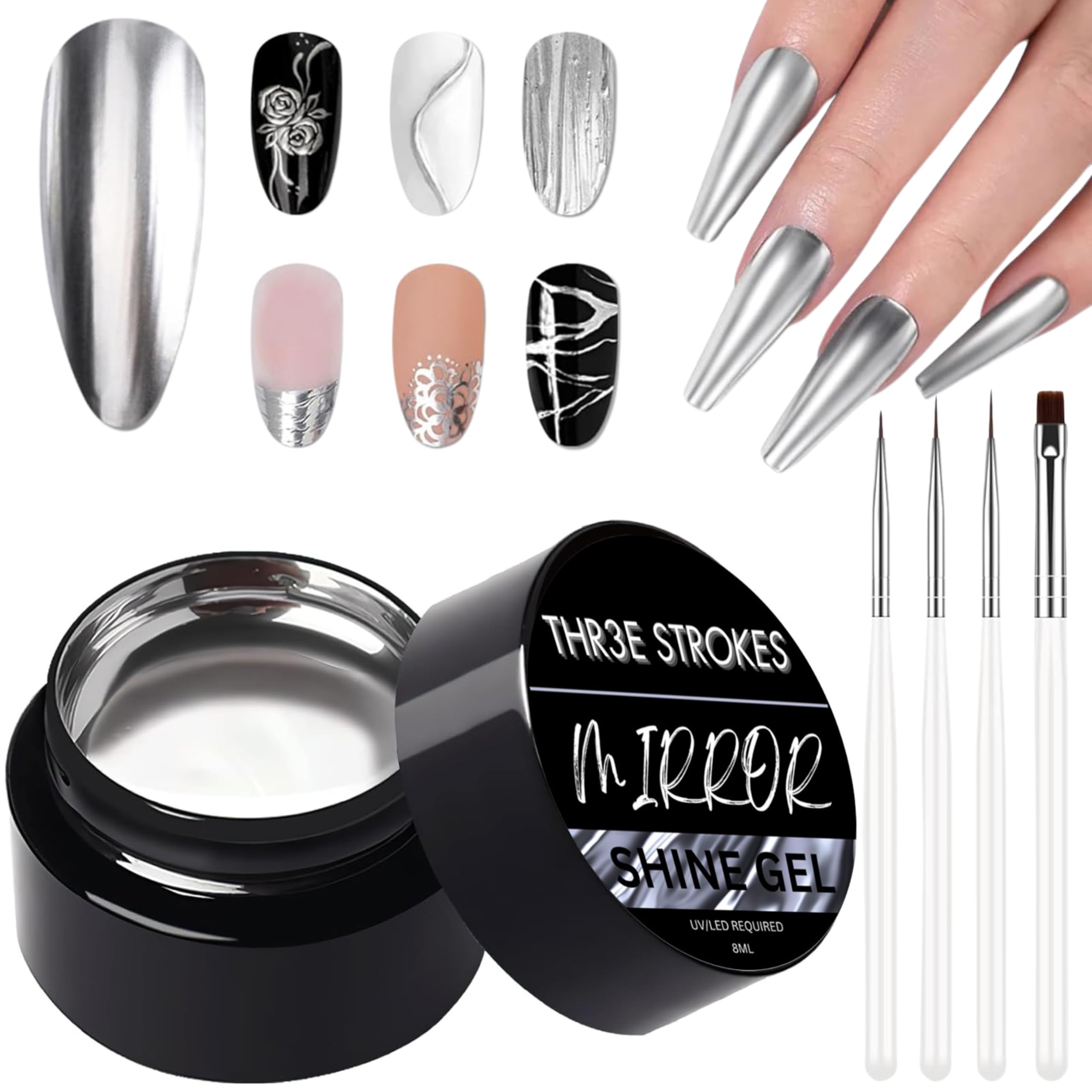 Metallic Painting Gel With 4Pcs Brushes Set,Silver Glossy Shine 3D Metal Painted Nail Gel Polish,Mirror Chrome Effect Nail Art Soak Off UV/LED DIY Nail Manicure Drawing Decoration For Home Nail Salon-image-38