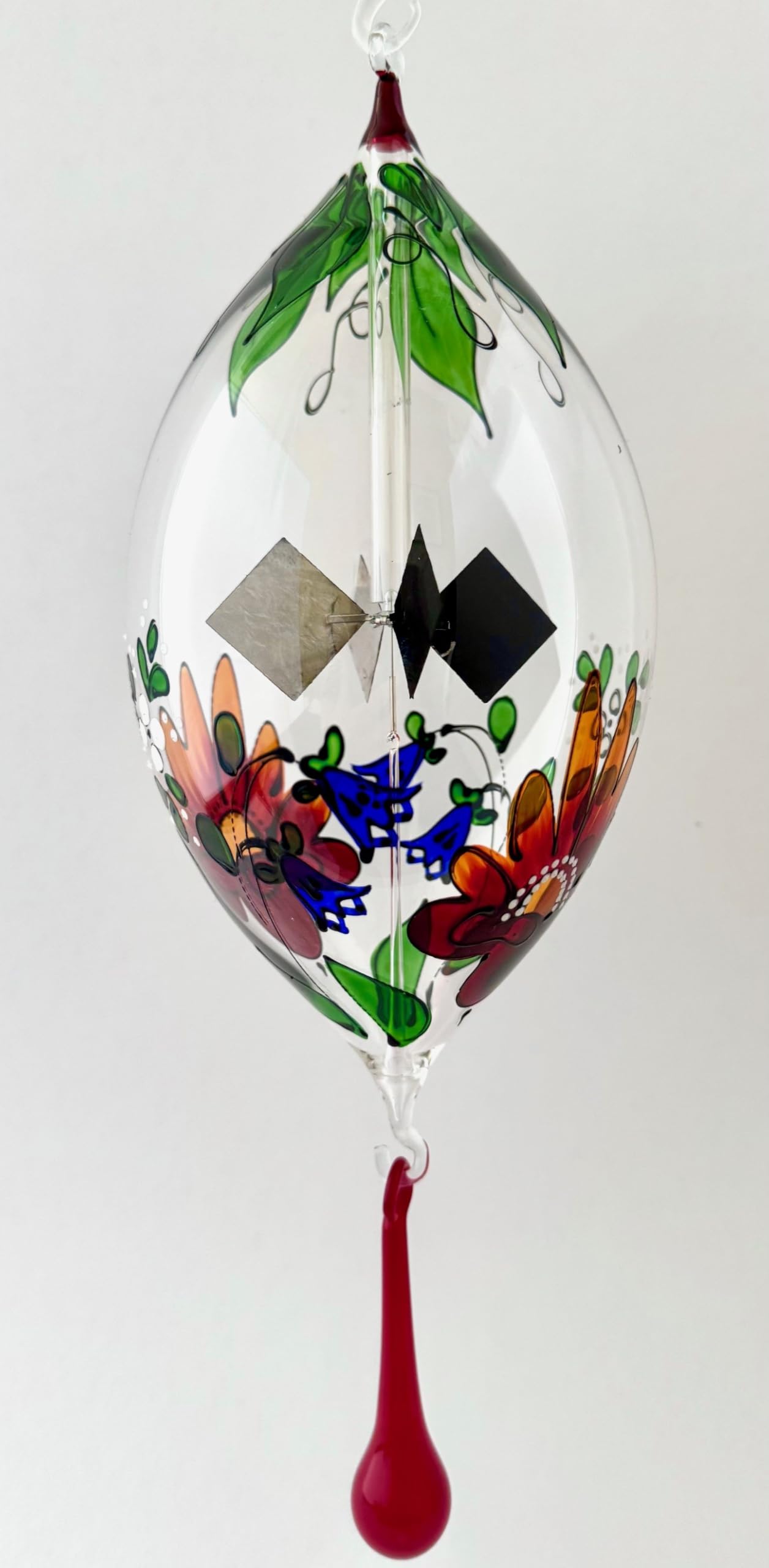 Lichtmühle zum Hängen, große Olivenform, Solar-Radiometer, Lichtspiel, Glaskunst, Glasmalerei Flora bunt, faszinierender, einzigartiger, bezaubernder Fensterschmuck mit Glastropfen 10x30 cm
