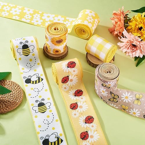 Miniatura 3 de KISSITTY 6 rollos de cintas de abeja para manualidades, con borde con cable, mariposa, girasol, mariquita, abeja, cinta decorativa para lazos para