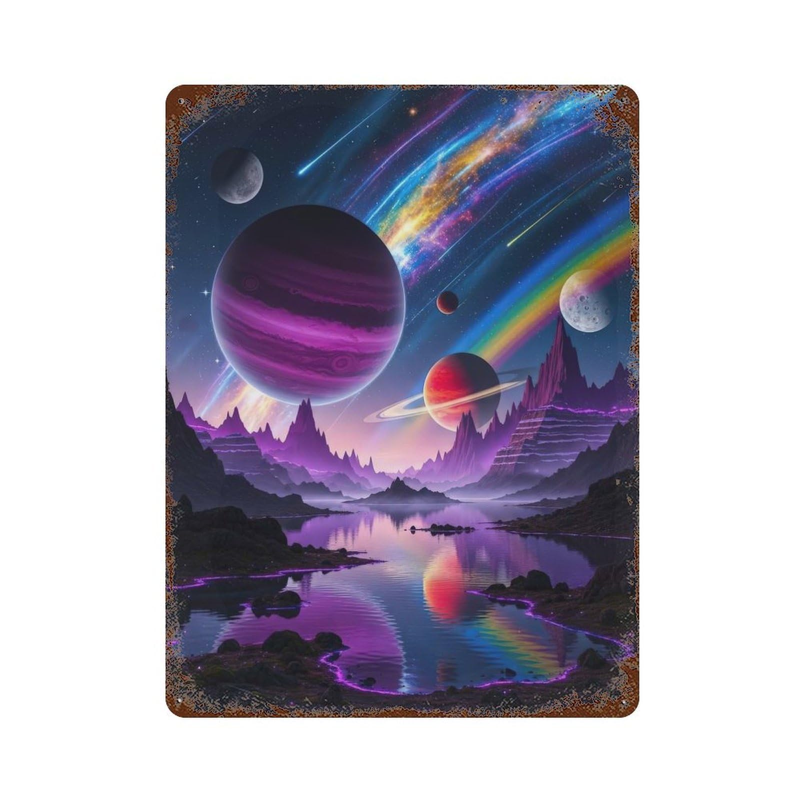 Colorful Alien Landscape with Planets Vintage Metal Tin Sign 15.7"x11.8", Rustic Home Decor for Garage, Bar And Workshop Decor