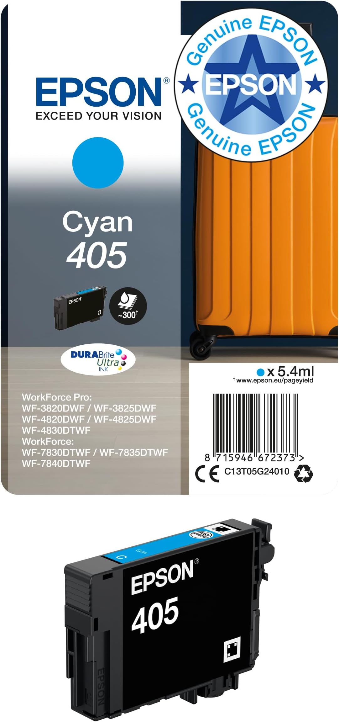 Epson 405 Cyan Suitcase Genuine, DURABrite Ultra Ink