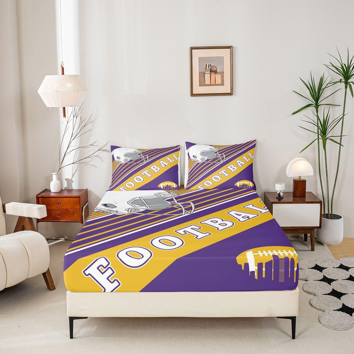 Football Fans Gifts Bedding Set, Football Themed Full Fitted Sheet, Rugby Sports Game Bed Sheets Graffiti Striped Sheets 3 Pieces, Purple and Yellow