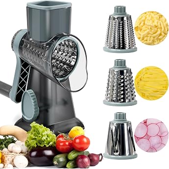 MSIHEY Cheese Grater with Crank, Vegetable Grater, Drum Grater with 3 Stainless Steel Interchangeable Drum Blades, for Cucumb