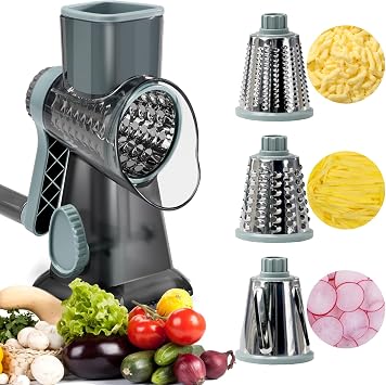XUANYILA Rotary Cheese Cheese Grater Hand Crank Vegetable Cheese Grater for Kitchen 3 Changeable Blades for Cheese Potato Zucchini Nuts Chocolate - GreyBlue