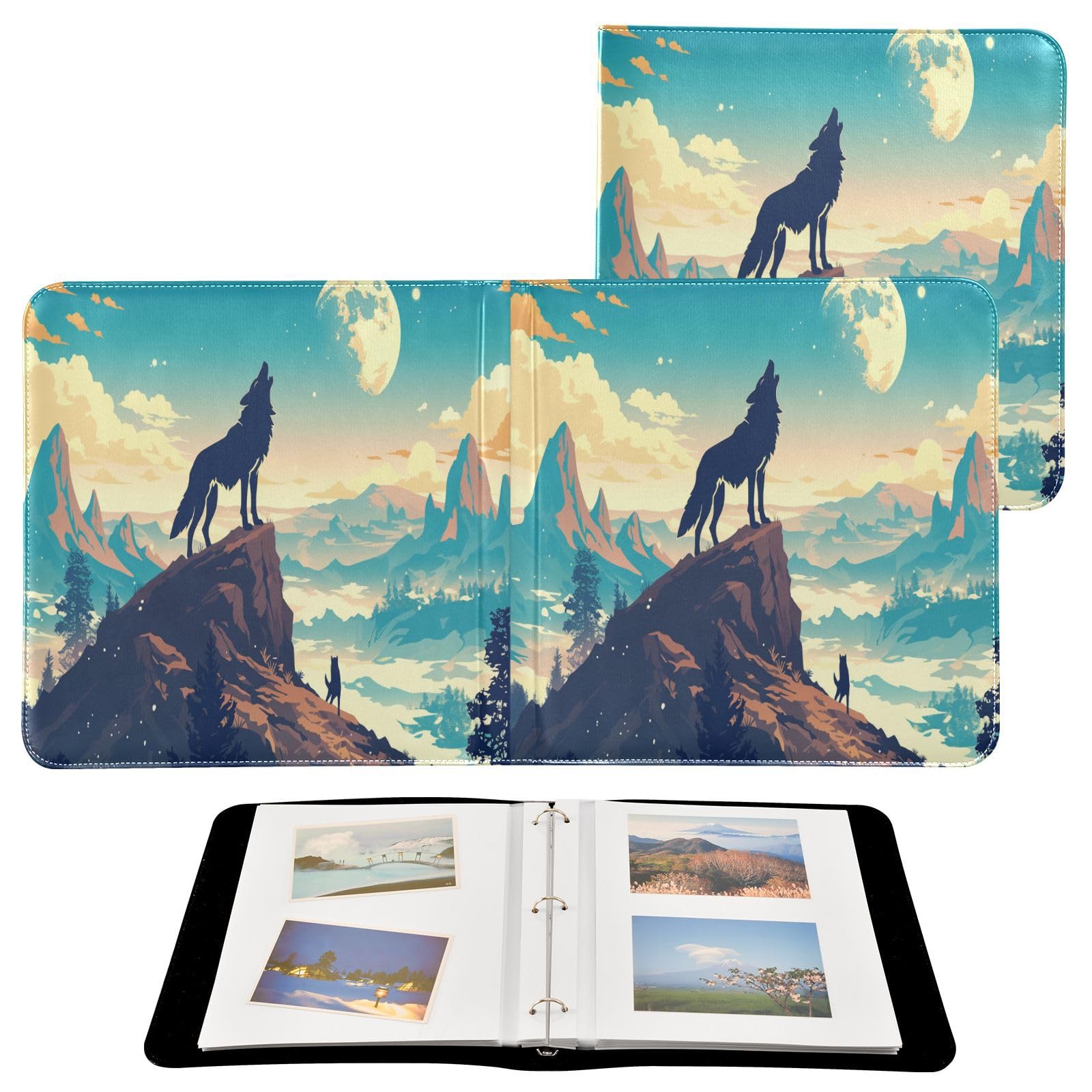 Kigai Wolf Photo Album Self Adhesive Scrapbook Album Leather Cover DIY Picture Scrap Book with 20 Adhesive Sheets, 11.8x24x0.8 inch