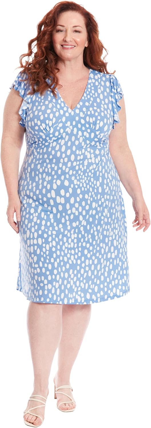 London Times Women's V-Neck Ruffle Sleeve Matte Jersey Dress Casual Summer Fun Easy Wear to Brunch