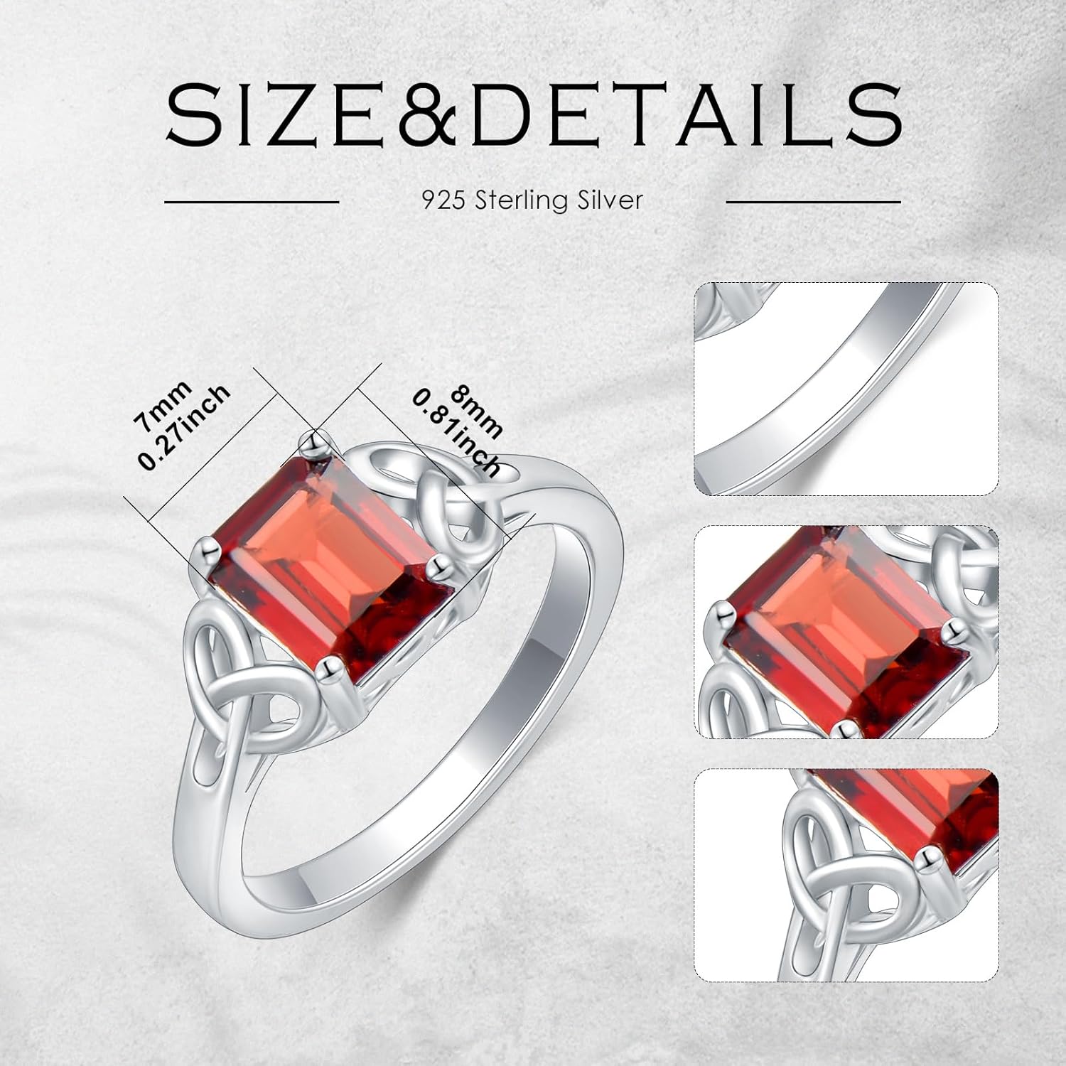 Celtic Knot Ring for Women 925 Sterling Silver Emerald Cut Red Garnet Engagement Promise Ring for Her Ladies