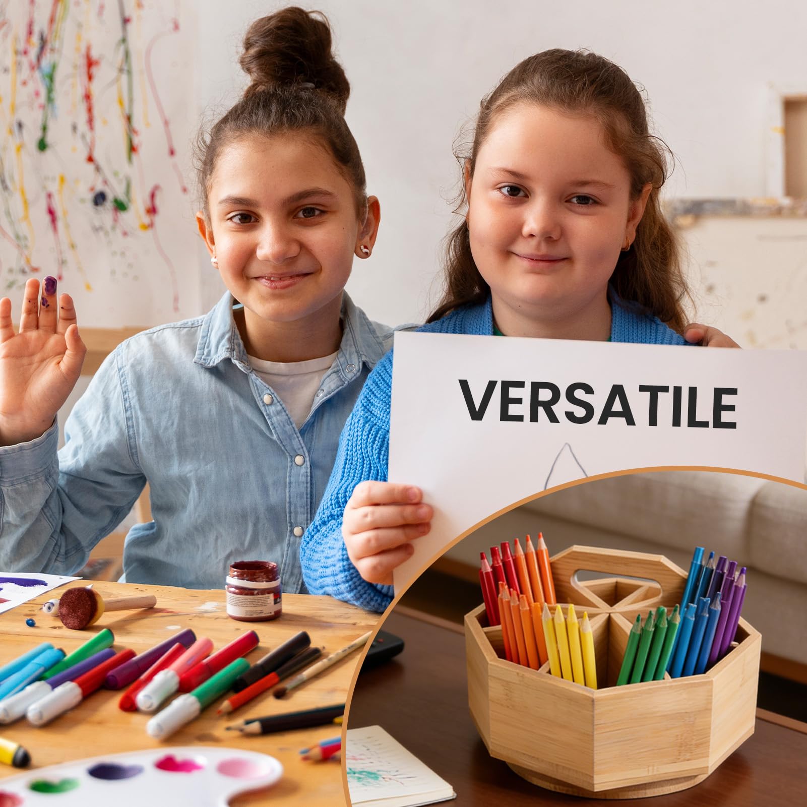 SIGONE Organiseur rotatif en bambou pour fournitures artistiques, porte-crayons pour stylos, marqueurs, crayons et pinceaux, bureau, école, salle de classe et organisation fixe