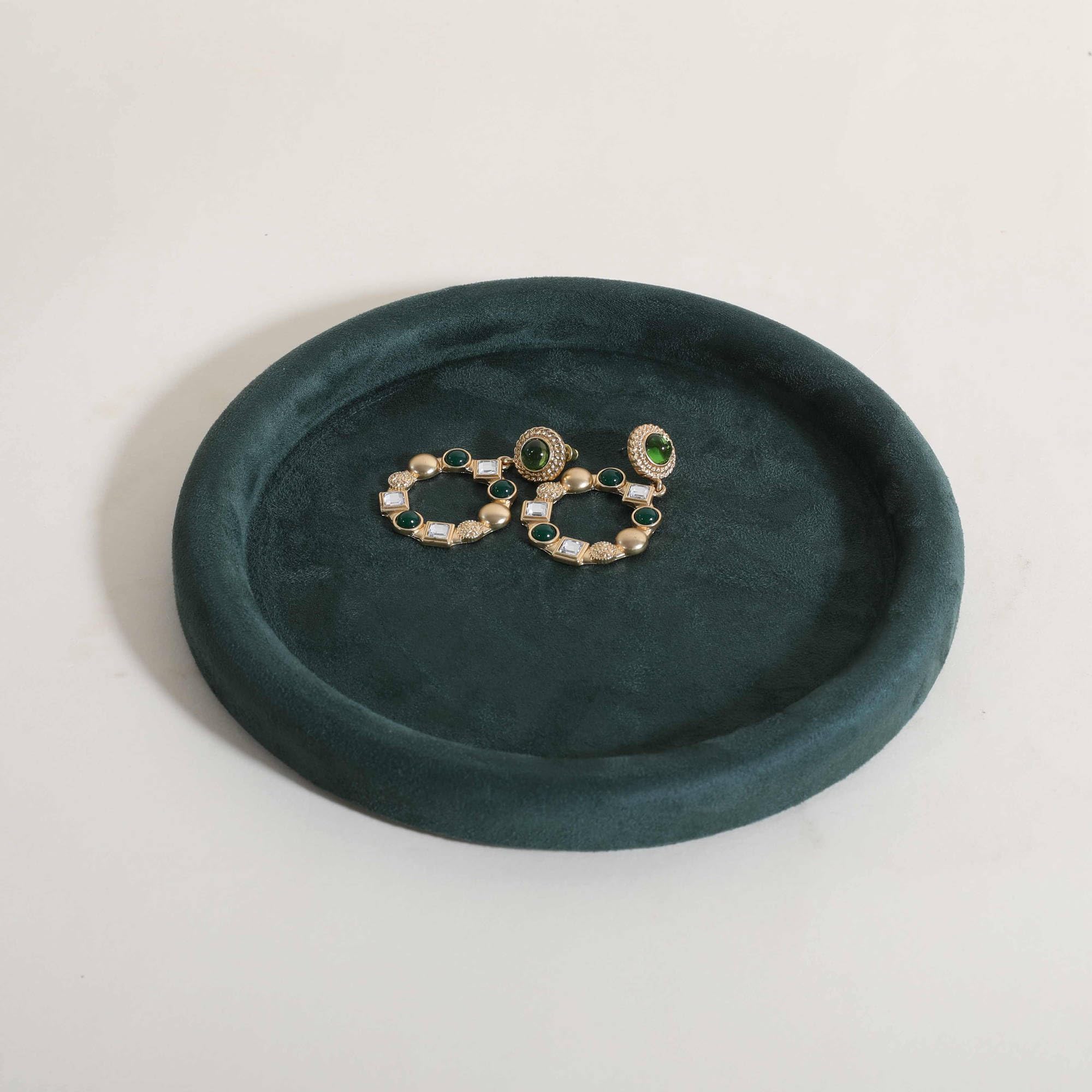 GemeShou Gemehou Round Jewelry Organizer plate, Top Microfiber velvet Jewerly display tray, Empty Jewelry showcase tray for Necklace Bracelet Ring Earring Watch (Green-Medium)