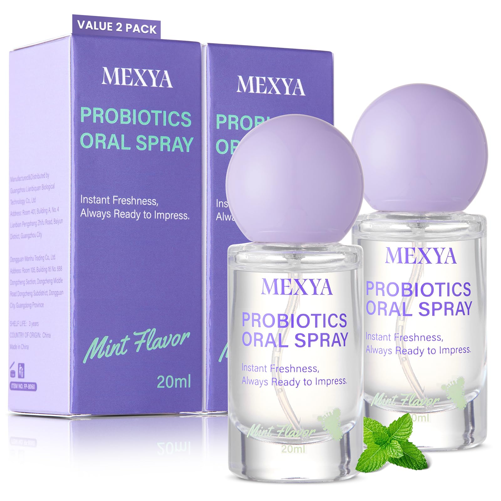 2-Pack Probiotic Oral Spray for Long-Lasting Fresh Breath, Alcohol-Free Fresh Breath Spray with Dual Cooling Mint, Travel-Sized Mouth Freshener for On-the-Go Use