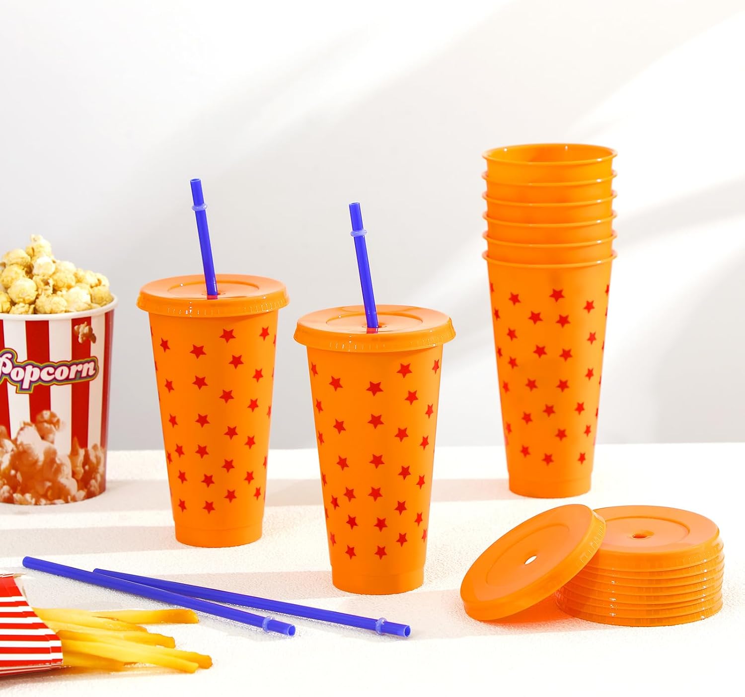 Honeydak 16 Pcs Anime Theme Birthday Party Decorations Cups with Silly Straws Bulk 24 oz Drinking Orange and Blue Resuable Plastic Cups for Birthday Party Favor
