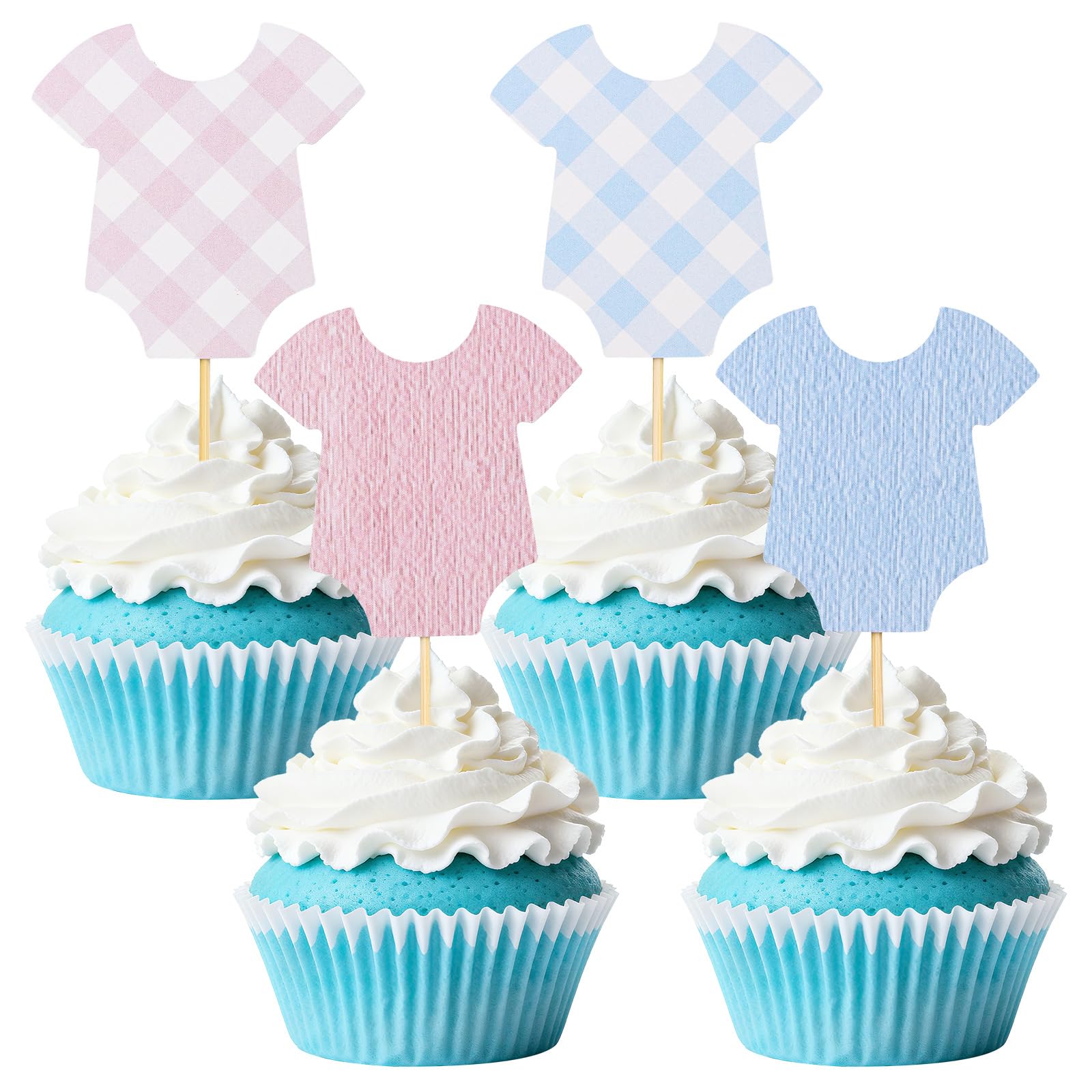 48pcs Bodysuit Cupcake Toppers, Blue & Pink Gingham Baby Shower Cake Decorations Cute Gender Reveal Cake Topper for Boys Girls Baby Shower Party Supplies