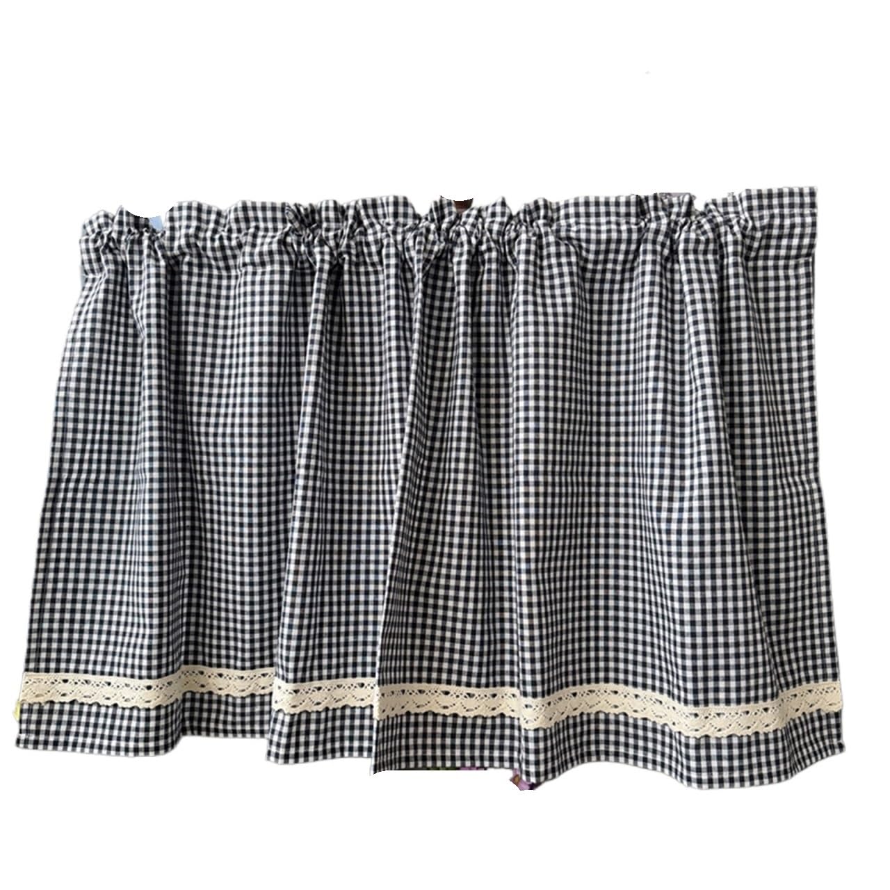 BDFJEDS Cabinet Curtain Plaid Lace Trim Kitchen Short Curtains Rod Pocket Window Valance Cafe Curtain For Cabinet Sink(Black,ROD POCKET_1PC W65XH40CM)