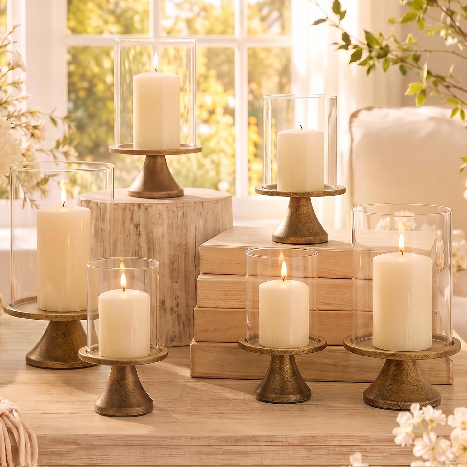 Mumufy 6 Sets Gold Hurricane Glass Candle Holders for Pillar Candles