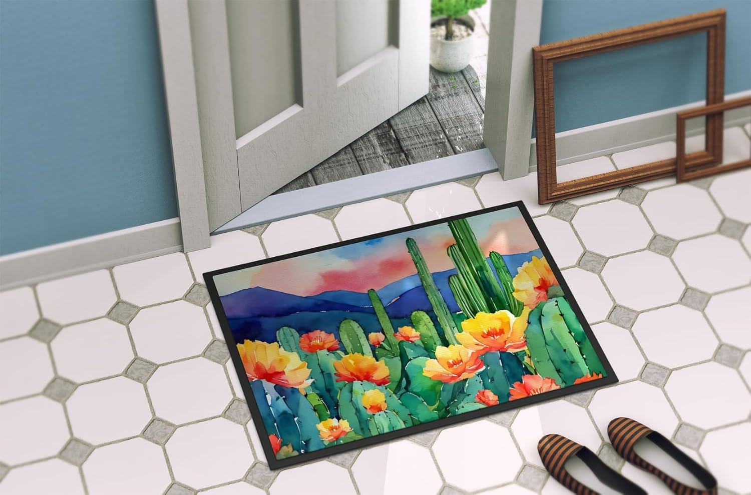 Caroline's Treasures DAC1626JMAT Arizona Saguaro Cactus Blossom in Watercolor Indoor or Outdoor Mat 24x36 Front Door Mat Indoor Outdoor Rugs for Entryway, Non Slip Washable Low Pile