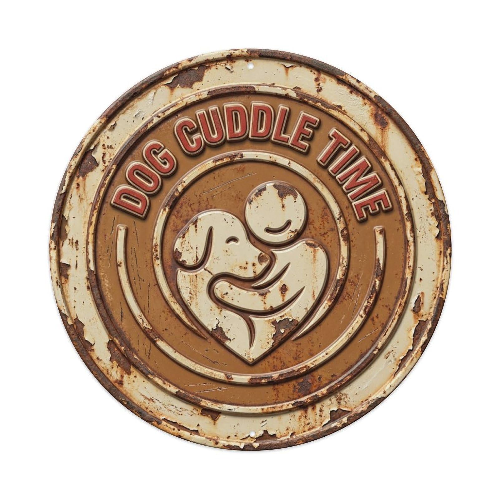 Vintage Dog Cuddle Time Woof Metal Tin Sign Plaque Wall Decor for Cafe, Club, Garden Round Metal Poster 8x8Inch