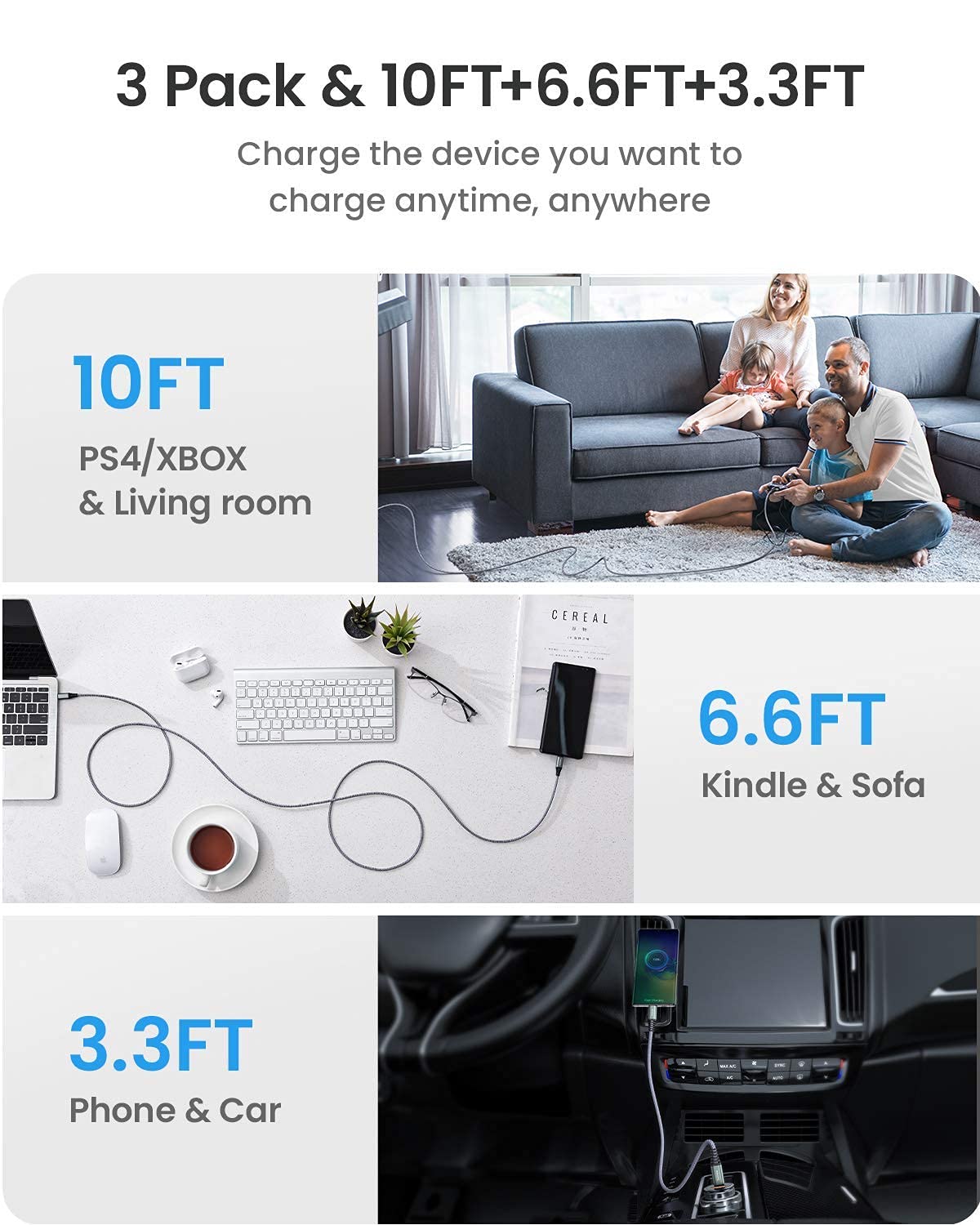 AINOPE USB C to USB C Fast Charging Cable, [3-Pack, 10ft+6.6ft+3.3ft] Type C to Type C Cable 60W/3.1A for Galaxy S21/20+ Note 20, MacBook Air/Pro 13'', iPad Pro 2020/2018, Pixel 4 3 2