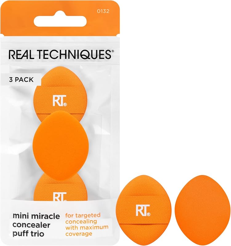 Real Techniques Mini Miracle Concealer Puff Trio, Puff de maquillaje, 3 unidades | Cobertura precisa con una esponja correctora para retoques, borlas de maquillaje, banda para los dedos y uso en líquido y crema.