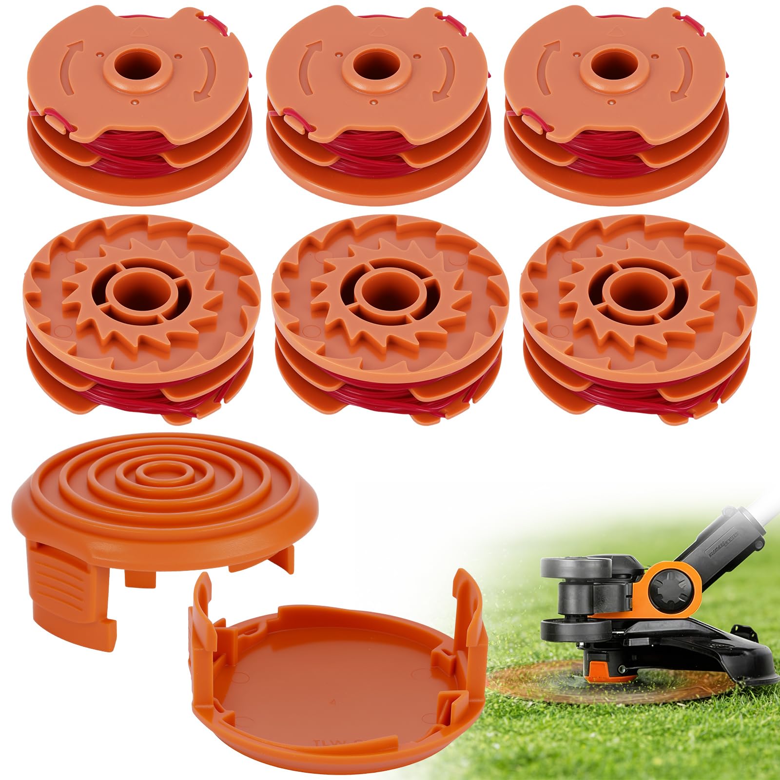 Bobina di filo di ricambio per decespugliatore Worx, set di 6 bobine con 2 tappi, filo in nylon da 1,6 mm da 9,8 m, robusta cassetta in ABS, compatibile con i modelli WORX WA0007