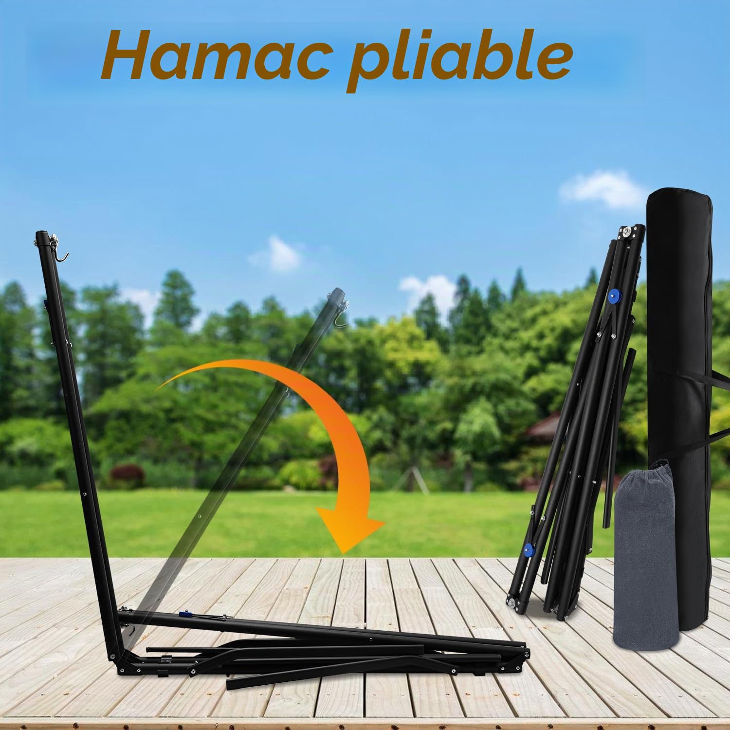 Hamac avec structure pliable et en métal, jusqu'à 150 kg, chaise suspendue pour camping et jardin avec sac de transport