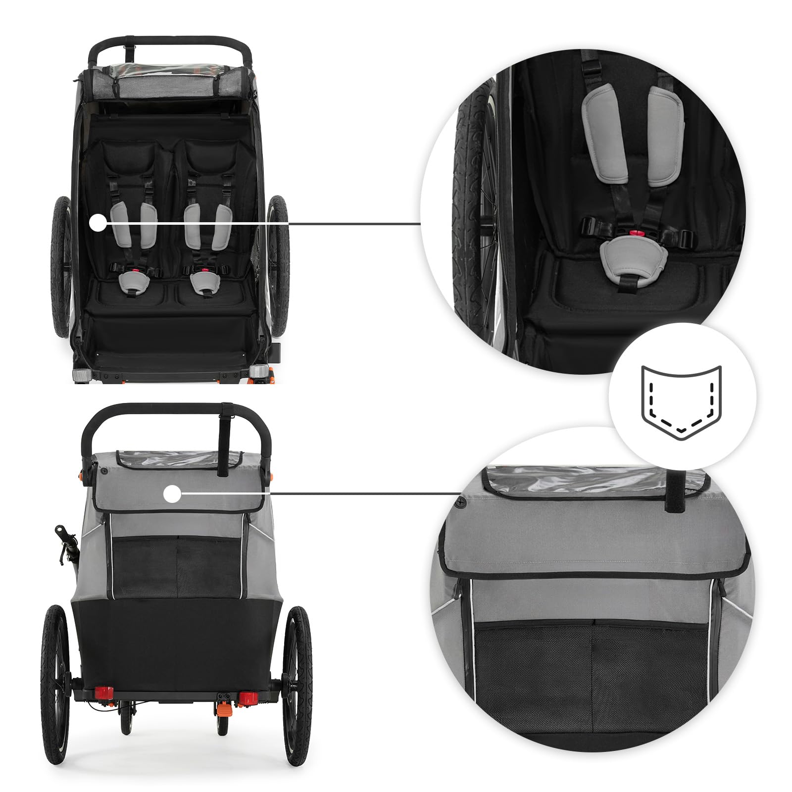 Kinderkraft NAVA Walk 2-in-1 Fahrradanhänger und Buggy für 2 Kinder, aufpumpbare Räder, verstellbare Federung, 9-Fach Verstellbarer Schiebegriff, UV-Schutz, Moskitonetz, wasserdicht, Grau