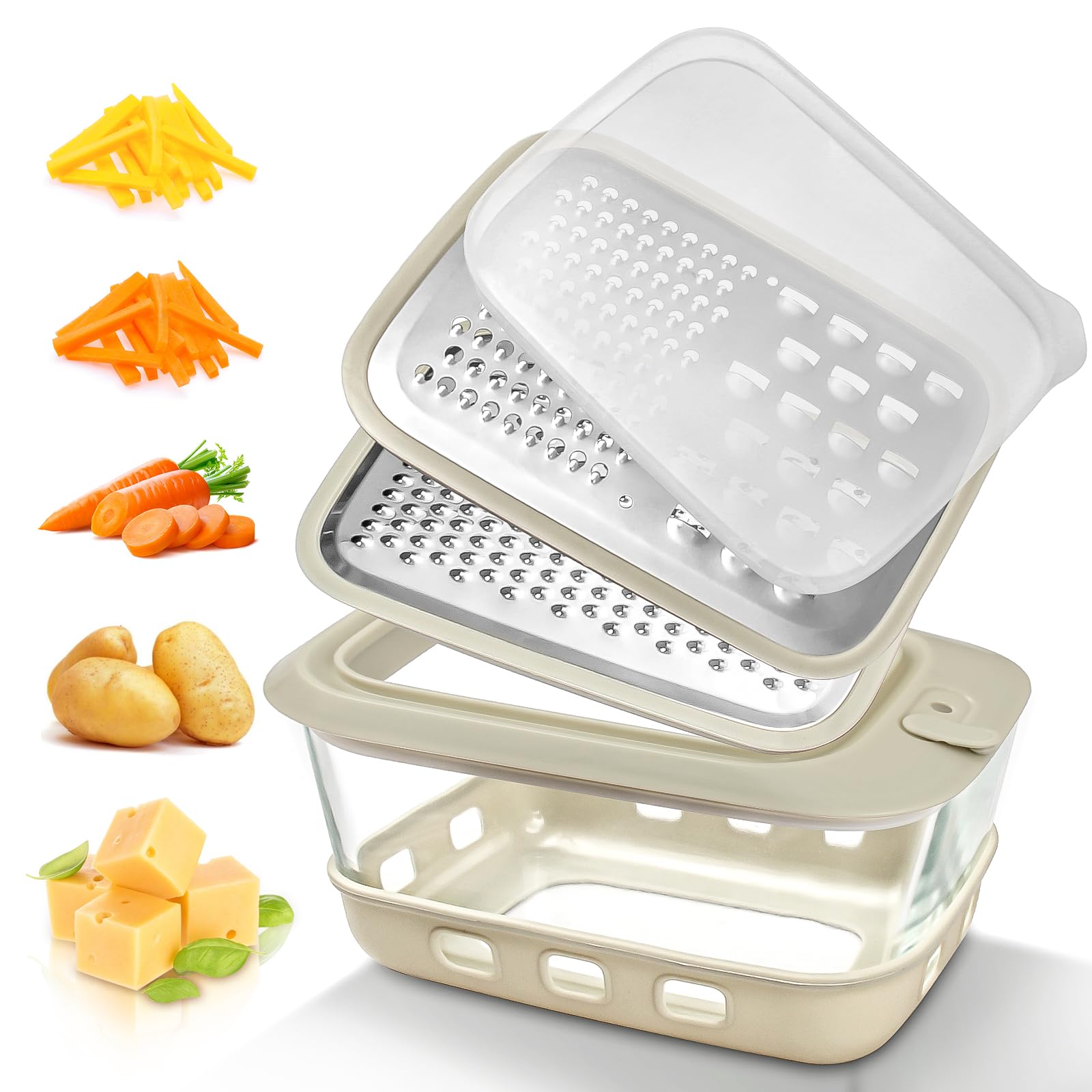 Cheese Grater with Container,Glass Food Storage Box with Silicone Sleeves,for Hard Parmesan,Soft Cheddar Cheeses,Vegetables,Chocolate,for Microwave, Dishwasher, Oven(1380ml,46oz)
