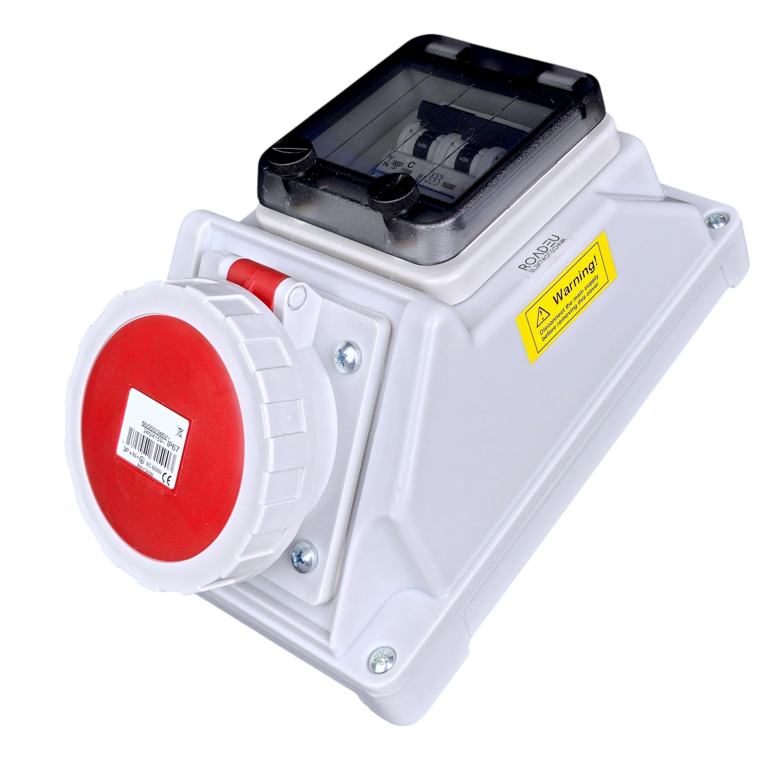 RoadEu – IP66 CEE 32A Wandsteckdose mit LS-Schalter – 400V 5-polig – Dreiphasige Außensteckdose – Wasserdicht & staubdicht – Ideal für Industrie & Außenbereiche