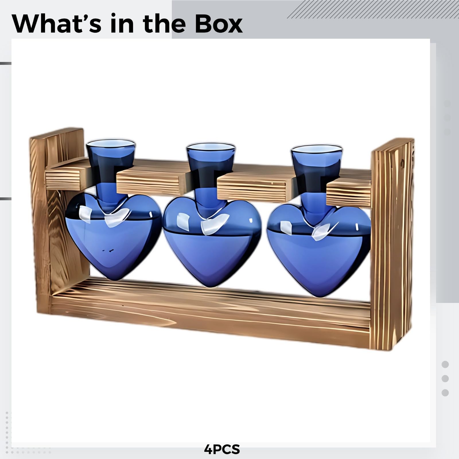 Lot de 3 vases en verre bleu en forme de cœur avec support en bois, stations de propagation pour plantes hydroponiques, centre de table pour décoration d'intérieur, cadeau romantique