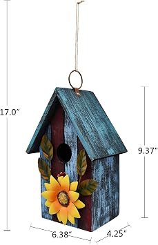 Morning View Wooden Bird Houses for Outside Decorative Hanging Nest Box Birdhouse Spring for Outdoor Small Birds Bluebird Finch Cardinals Wren Garden Yard 9.37 Inch Tall (Blue)