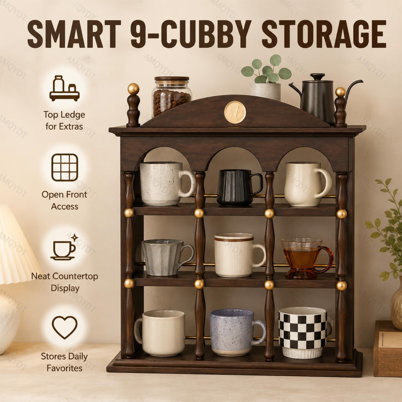 Soporte Para Tazas De Café De Encimera, Estante De Exhibición De Madera De Nueve Rejillas Con Compartimentos Abiertos Para Tazas De Té Y Objetos De Colección Para Barra De Café, Cocina
