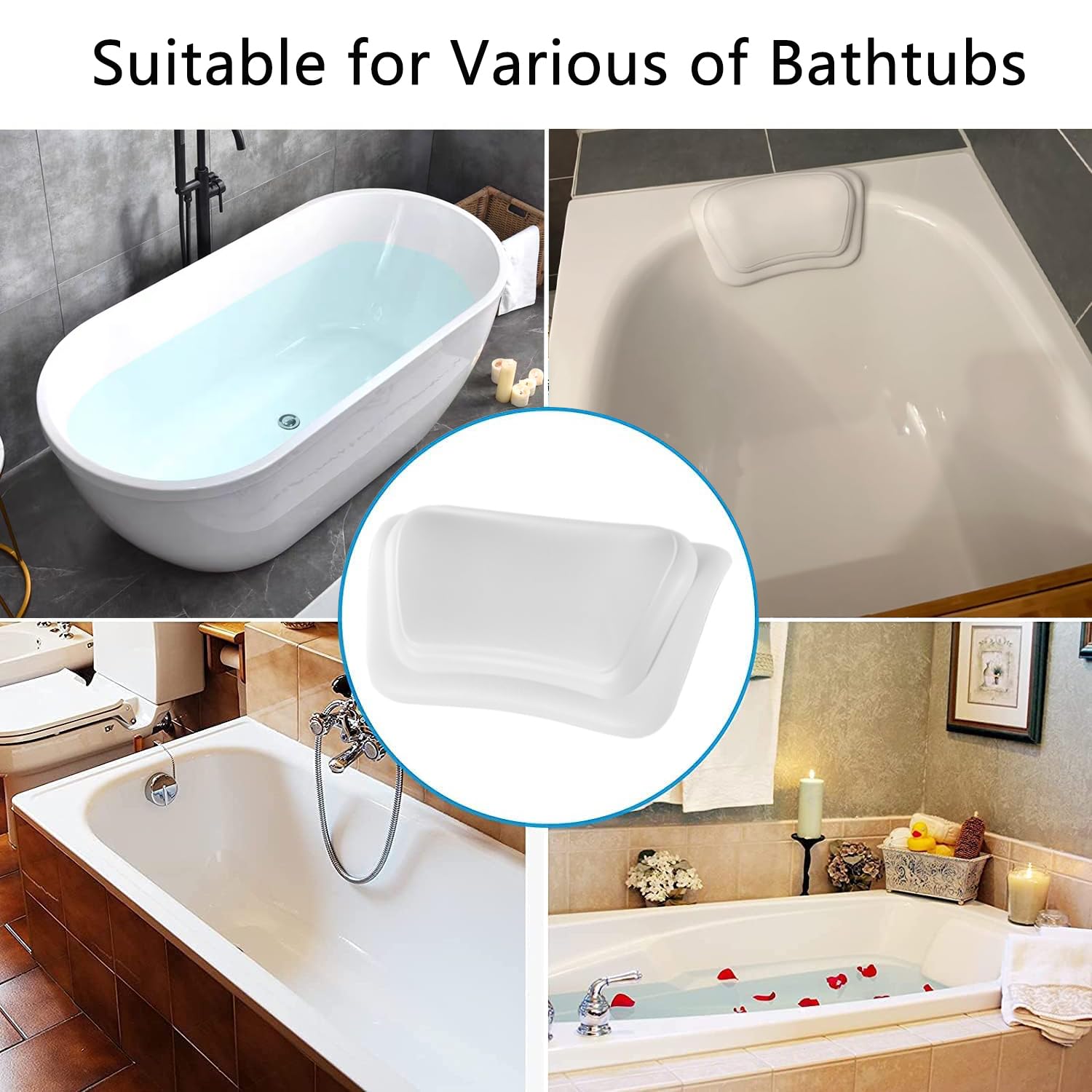 Cuscino da Bagno, Impermeabile, con Ventose Antiscivolo, Cuscino Vasca Impermeabile, Ergonomico, per Vasca da Bagno, Spa, Supporto per Collo e Testa - Bianco