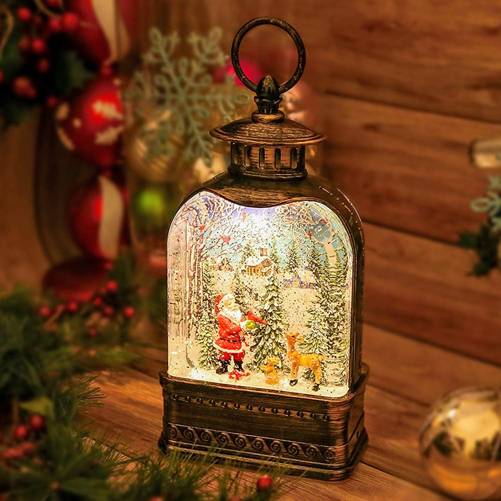 Christmas Lighted Snow Globe Lantern, 6H Timer Musical Christmas Snow Globes, Battery Operated Glitter Water Lantern Christmas Decorations for Holiday Season Home Decor