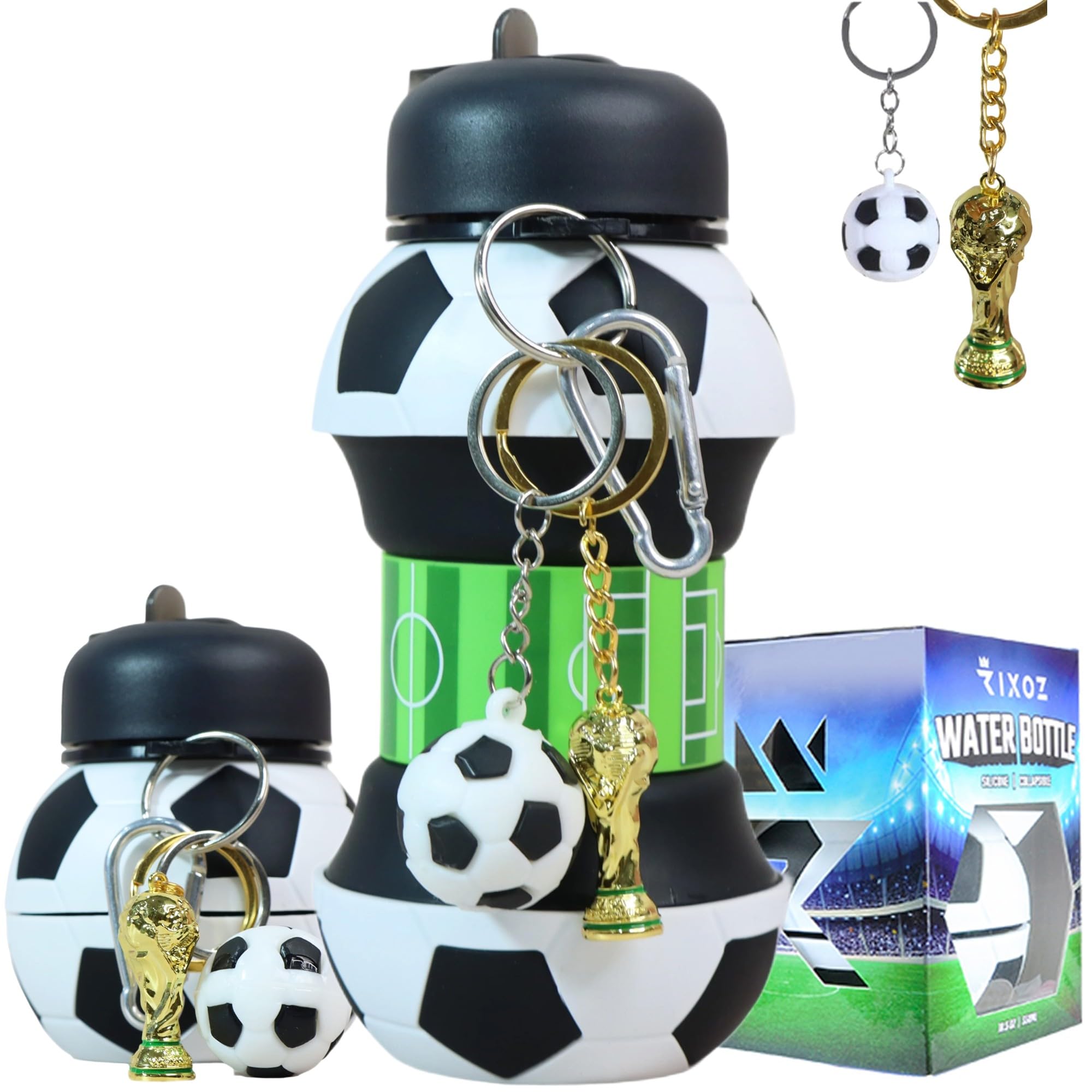 Rixoz Boys Wc Black Football Football Water Bottle With World Cup Trophy Keychain - 550Ml Silicone Collapsible Football Water Bottle