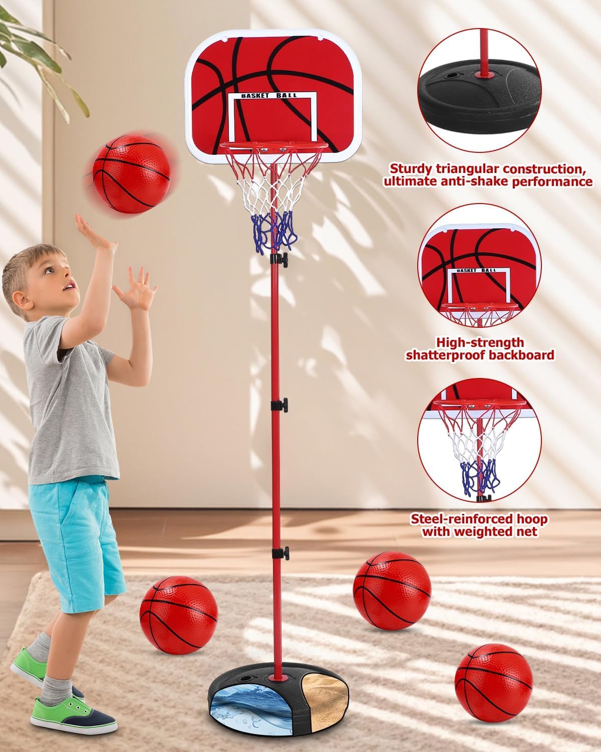 50-150cm Canasta Baloncesto Infantil, Mini Canasta Baloncesto Habitacion con 4 Pelotas De Daloncesto y Bomba, Ajustable Aro De para Interior y Exterior,Mini Juguetes Deportivos