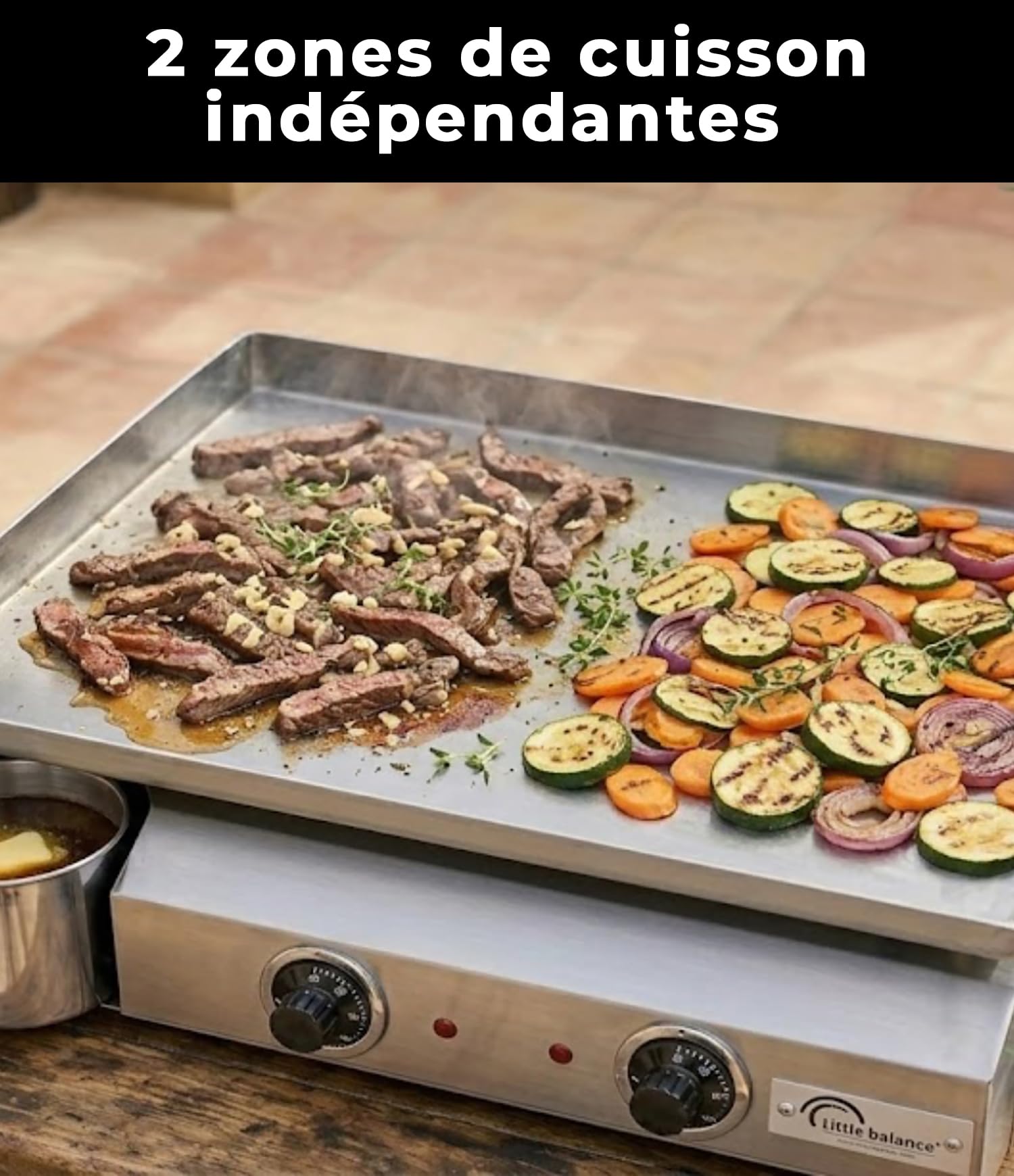 LITTLE BALANCE 8679 Amplitude 60-40, Plancha électrique semi professionnelle, 2 zones de cuisson indépendantes, 3000 W, Fabrication 100% française, Tout Inox