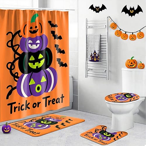 Miniatura 25 de Juego de 4 cortinas de ducha de Halloween, juego de baño de Halloween con cortina de ducha y alfombras, cubierta de tapa de inodoro, cortina de