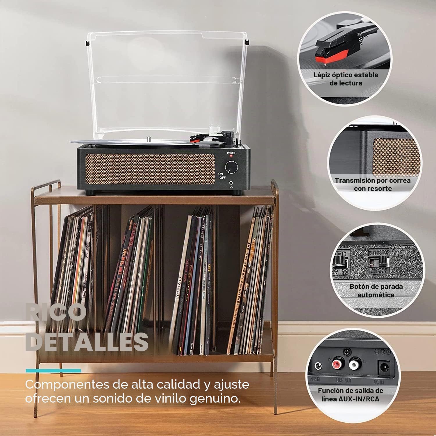 Reproductor de discos de vinilo con altavoz clásico para discos de vinilo, tocadiscos accionados por correa, soporte de 3 velocidades, reproducción inalámbrica, auriculares, retro, negro