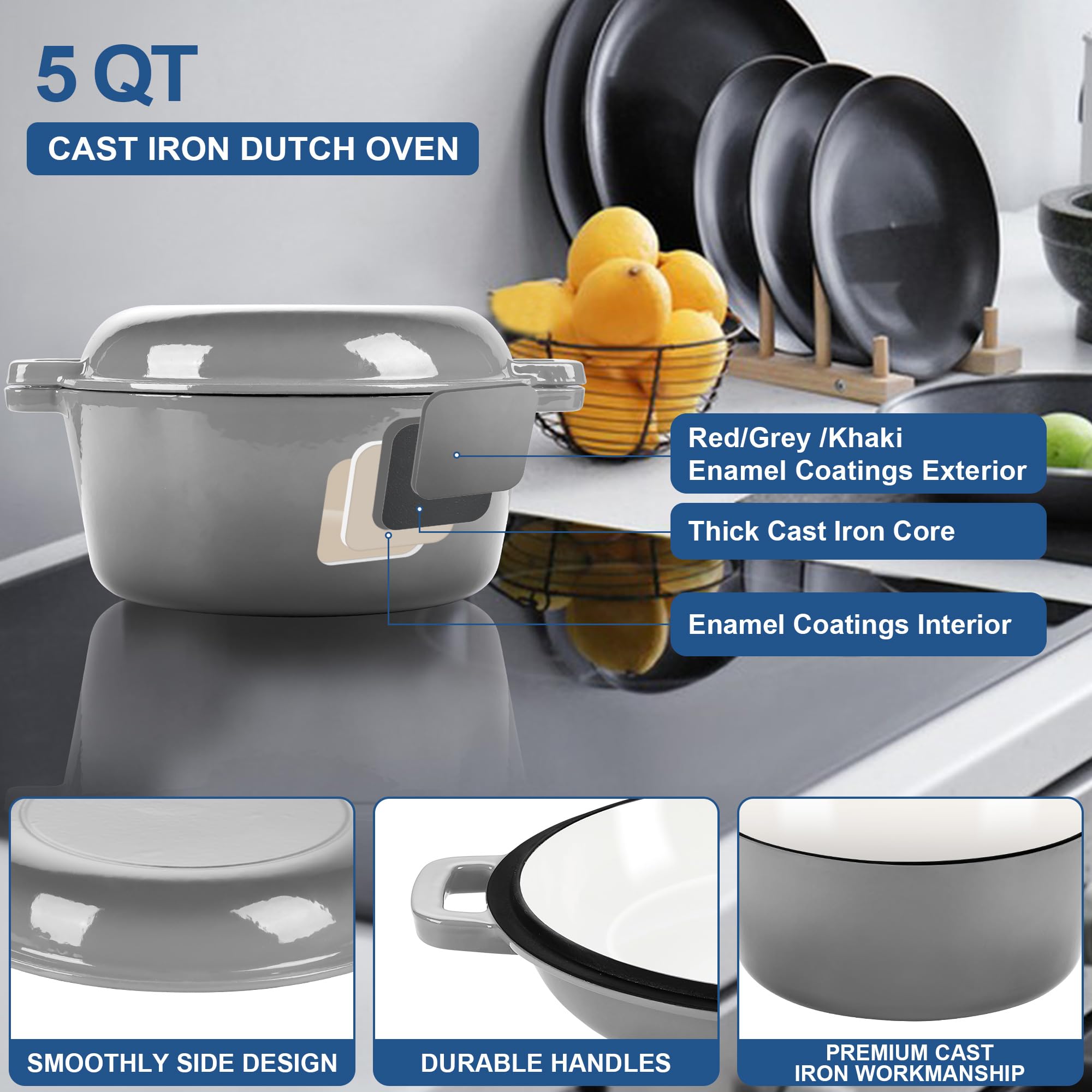 E-far Olla holandesa de hierro fundido de 5 cuartos con tapa, color gris