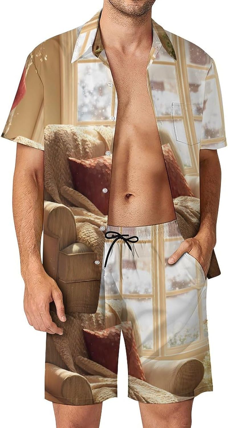 Christmas Snowflakes Winter Sunlight Men's Summer Beach 2 Piece Outfits | hawaiian button down shirt and shorts,vacation cruise,mens bathing suit