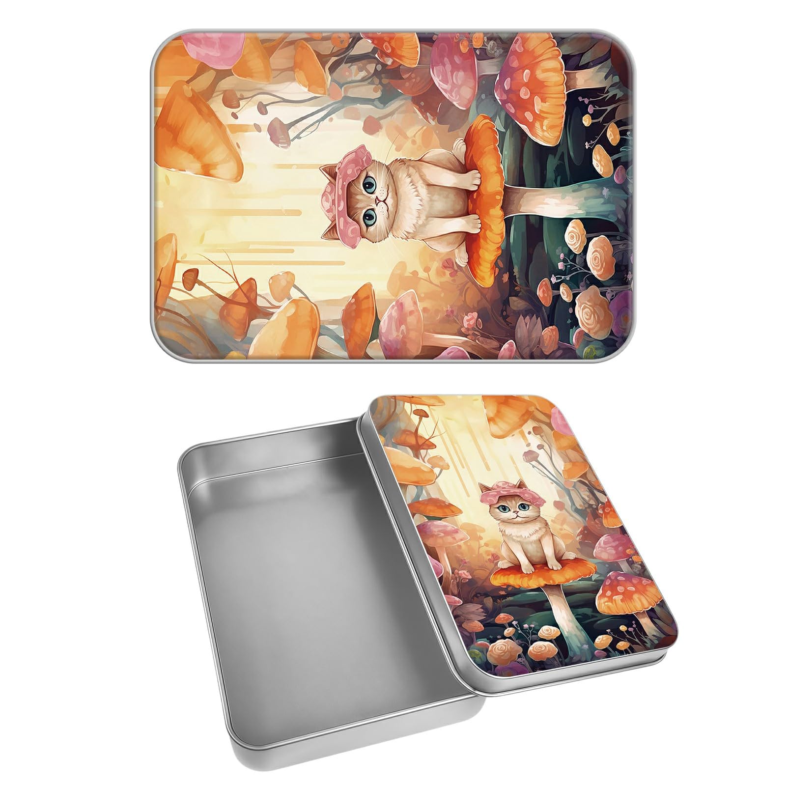Rectangular Metal Tin Box with Removable Lid, Cat Mushroom Decorative Printed Metal Storage Container for Cash Ticket Credit Card Check 3.46 x 2.36 x 0.7 inch– Single Pack