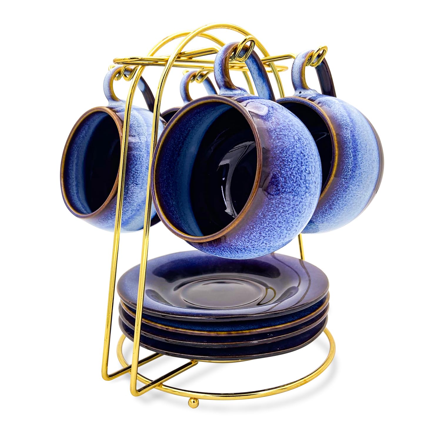 Plaxico&Bertunga 8 Ounce Porcelain Espresso Cups Set of 4 with Saucers and Cup Holder,Can be Used as Tea Cup Set?Coffee Cup and Cappuccino Cup, Any of which are Different?Blue Glaze?