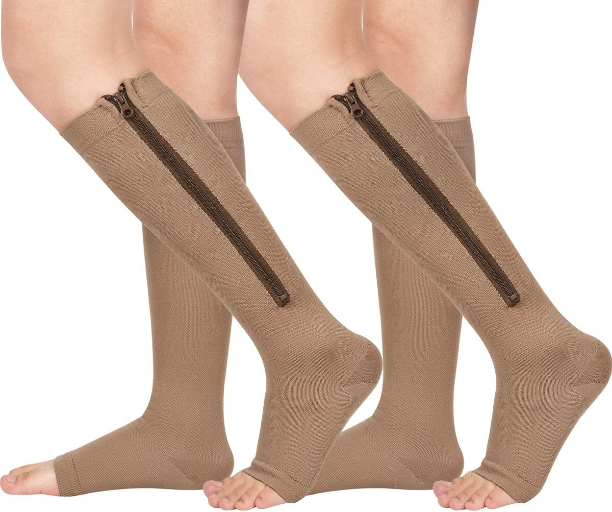 2 Pair Zipper Compression Socks for Women Men Open Toe Compression Socks Easy on