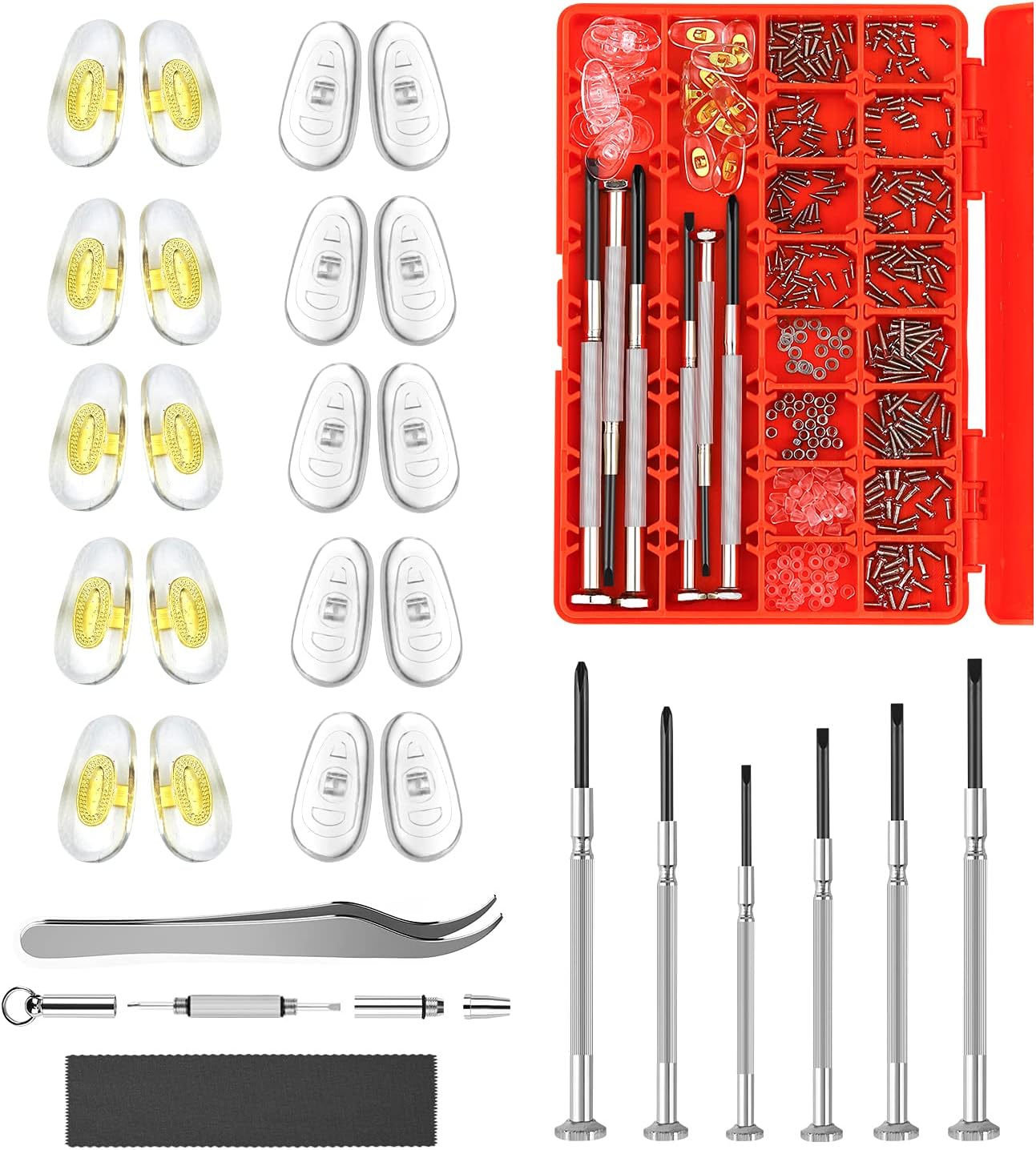 Hiketolight Eye Glass Repairing Kit, Sunglasses Eyeglass Repair Kit with 1100pcs Eyeglass Screws，Include 10 Pairs of Screw-in Nose Pads, Screws, Screwdrivers, Tweezer and Cleaning Cloth for Glasses : Health & Household
