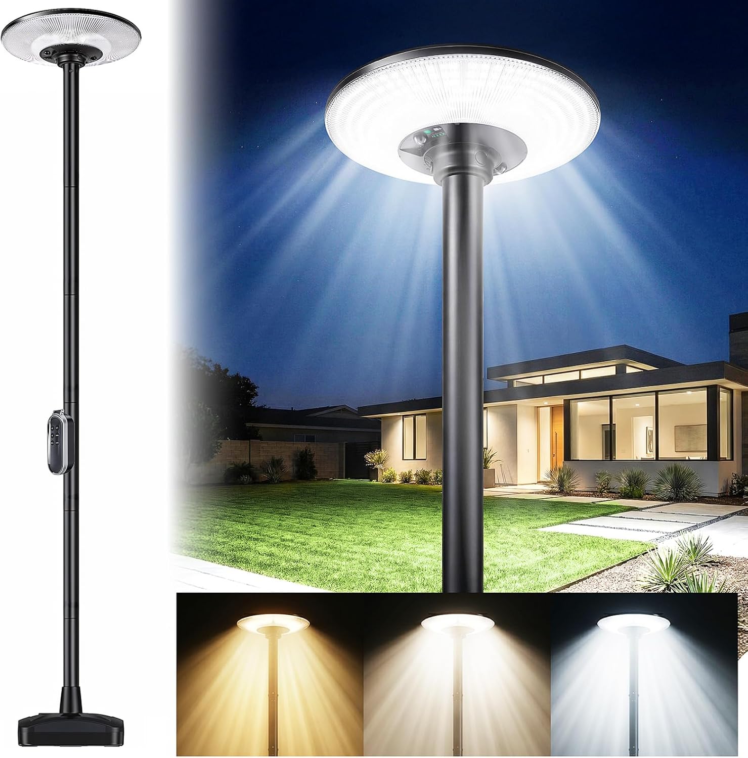 102-Inch Outdoor Solar Lamp Post Light with Auto Motion Sensor Dusk-to-Dawn | 480 LEDs Warm & White IP65 Waterproof, Adjustable Metal Pole, 4-Mode Magnetic Remote Control for Yard, Garden, Pathway & Pool