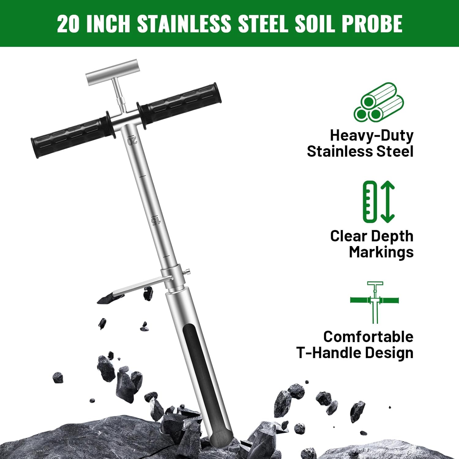 20 Inch Soil Sampler Probe, Stainless Steel Soil Core Sampling Tool with T-Handle, Heavy Duty Soil Probe for Lawn, Garden, Farm & Soil Testing